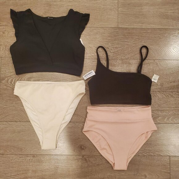 Old Navy Womens Swim Lot - Small Swim Bottoms Medium Swim Tops Black Ivory Pink - Picture 1 of 7